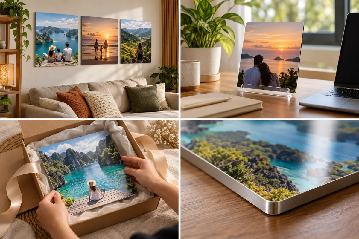 Personalised aluminium photo prints on a wall, on a desk stand, in a gift box and up close