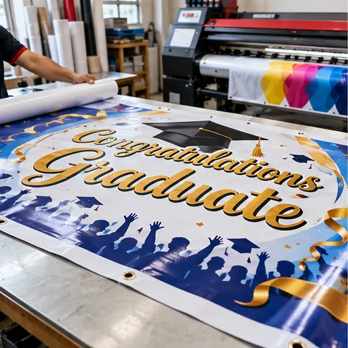A graduation tarpaulin fresh off the wide-format printer